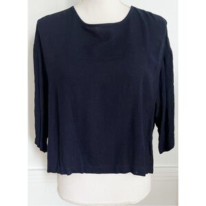 Black Crane • Navy Wool Rayon 3/4 Sleeve Blouse